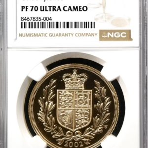 2002 Gold Proof Five Pounds Sovereign, Golden Jubilee, NGC Graded PF70 UCAM