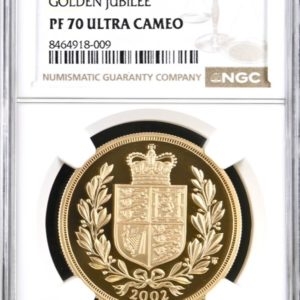 2002 Gold Proof Five Sovereign (£5) Queen Elizabeth II Golden Jubilee Shield, NGC PF70 Ultra Cameo