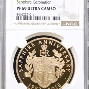 2018 Gold Proof Five Pounds (£5) Sapphire Coronation, Queen Elizabeth II. NGC Graded PF69 Ultra Cameo