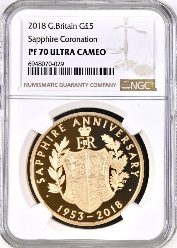 2018 Gold Proof Five Pounds (£5) Sapphire Coronation, Queen Elizabeth II. NGC Graded PF70 Ultra Cameo