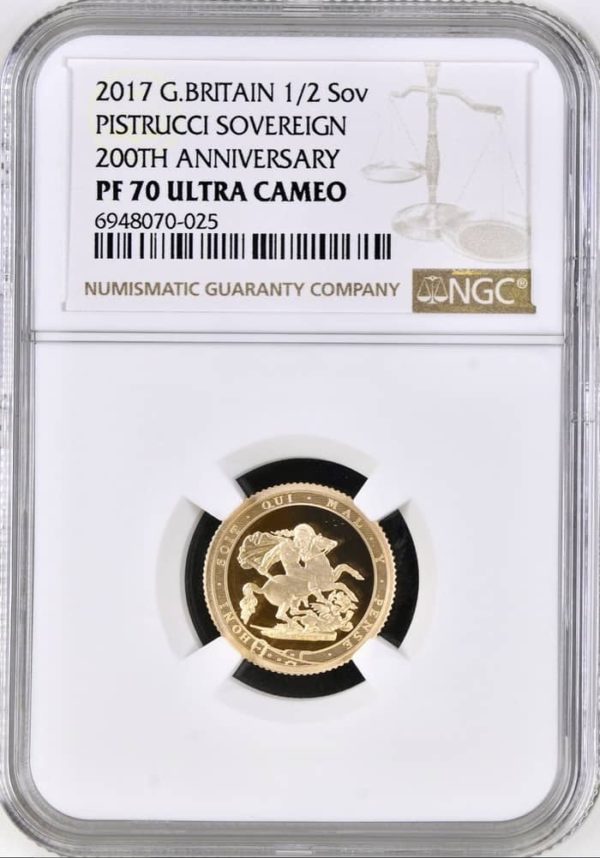 2017 Gold Proof Half Sovereign, Pistrucci 200th Anniversary (1/2 Sov), NGC Graded PF70 Ultra Cameo