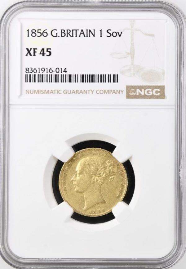 1856 Gold Sovereign Coin, NGC Graded XF45, Queen Victoria Young Head Shield.
