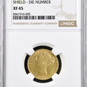 1872 Gold Sovereign Coin, NGC Graded XF45, Queen Victoria Young Head Shield.