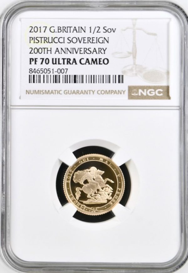2017 Gold Proof Half Sovereign, Pistrucci 200th Anniversary (1/2 Sov), NGC Graded PF70 Ultra Cameo