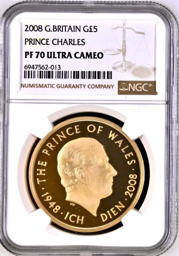2008 Gold Proof Five Pounds (£5) Prince Charles, NGC Graded PF70 Ultra Cameo.