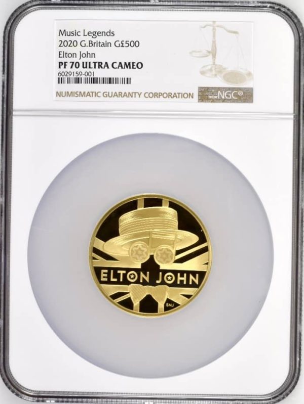 2020 Elton John Music Legends Gold Proof £500 (Five Ounce) Coin. NGC Graded PF70 Ultra Cameo