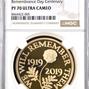 2019 Gold Proof Five Pound Crown (£5) Remembrance Day Commemorative, NGC Graded PF70 Ultra Cameo