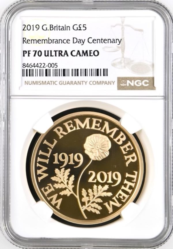 2019 Gold Proof Five Pound Crown (£5) Remembrance Day Commemorative, NGC Graded PF70 Ultra Cameo