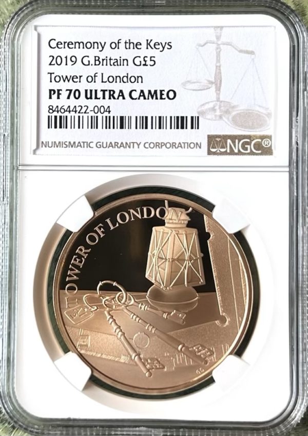 2019 Gold Proof Five Pound Crown (£5) Ceremony Of The Keys - Tower of London, NGC Graded PF70 UCAM