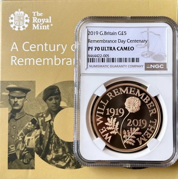 2019 Gold Proof Five Pound Crown (£5) Remembrance Day Commemorative, NGC Graded PF70 Ultra Cameo - Image 2