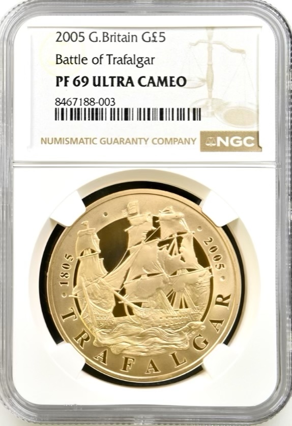 2005 Battle of Trafalgar, Gold Proof Five Pounds Crown (£5), NGC Graded PF69 UCAM.