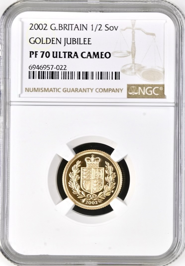 2002 Gold Proof Half Sovereign, Golden Jubilee Shield. NGC PF70 Ultra Cameo
