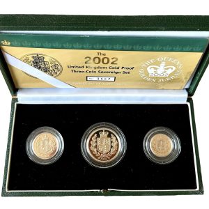 2002 Gold Proof Sovereign Three Coin Set, Queen Elizabeth II Golden Jubilee.