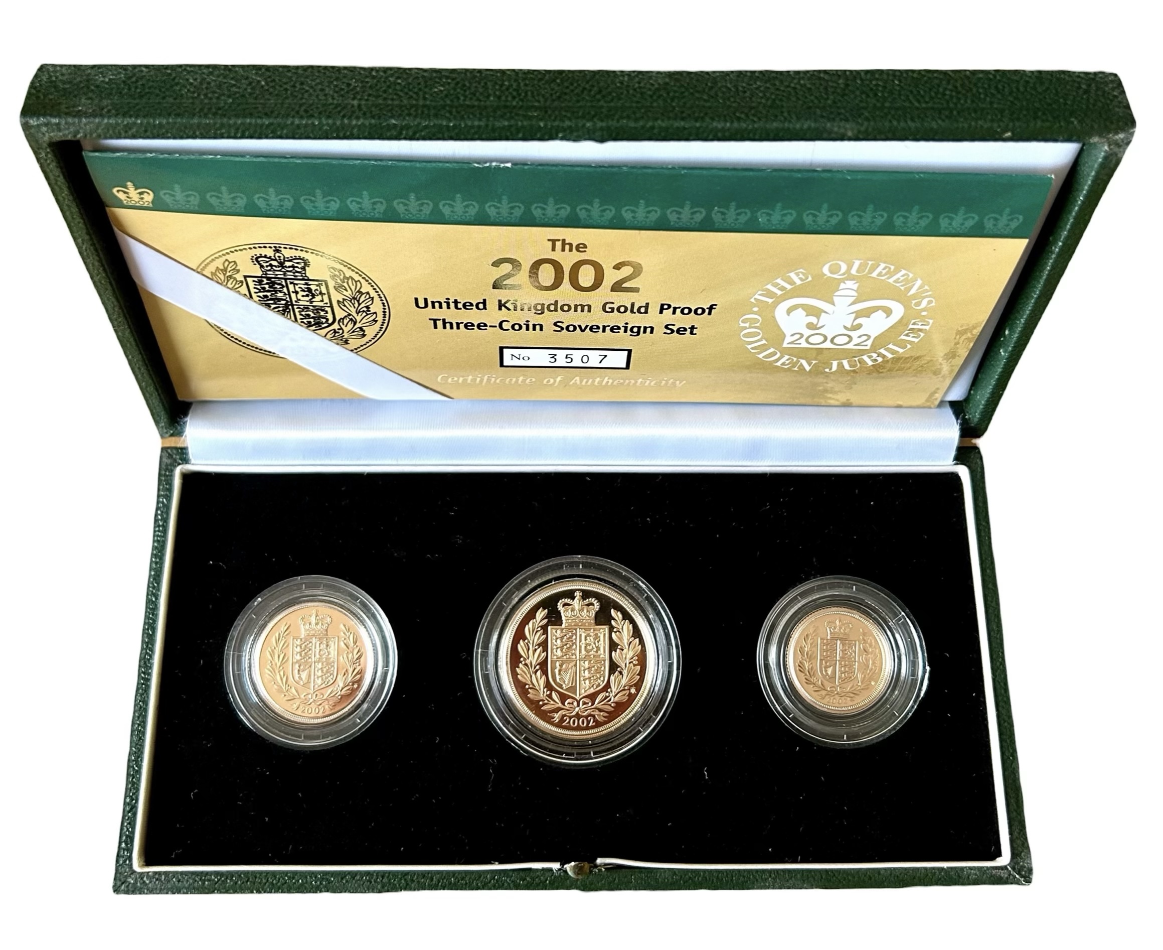 2002 Gold Proof Sovereign Three Coin Set, Queen Elizabeth II Golden Jubilee.