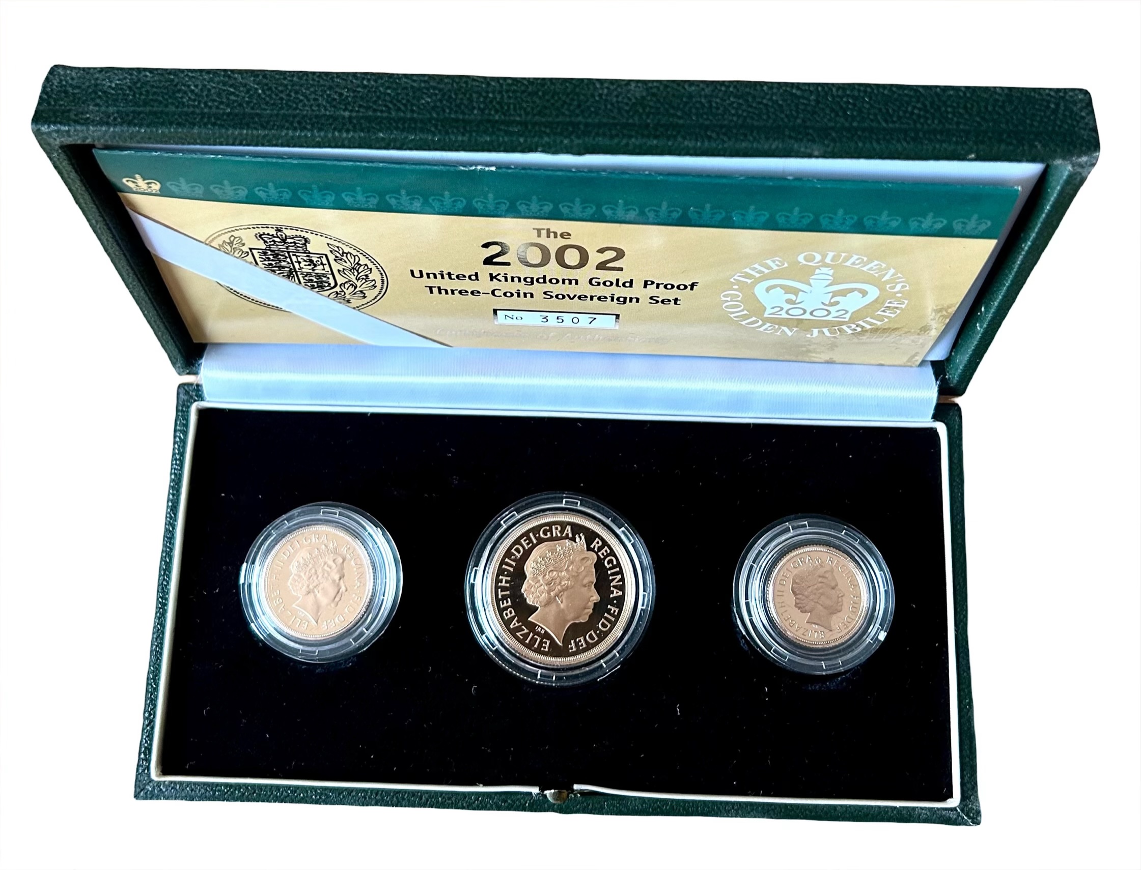 2002 Gold Proof Sovereign Three Coin Set, Queen Elizabeth II Golden Jubilee. - Image 2