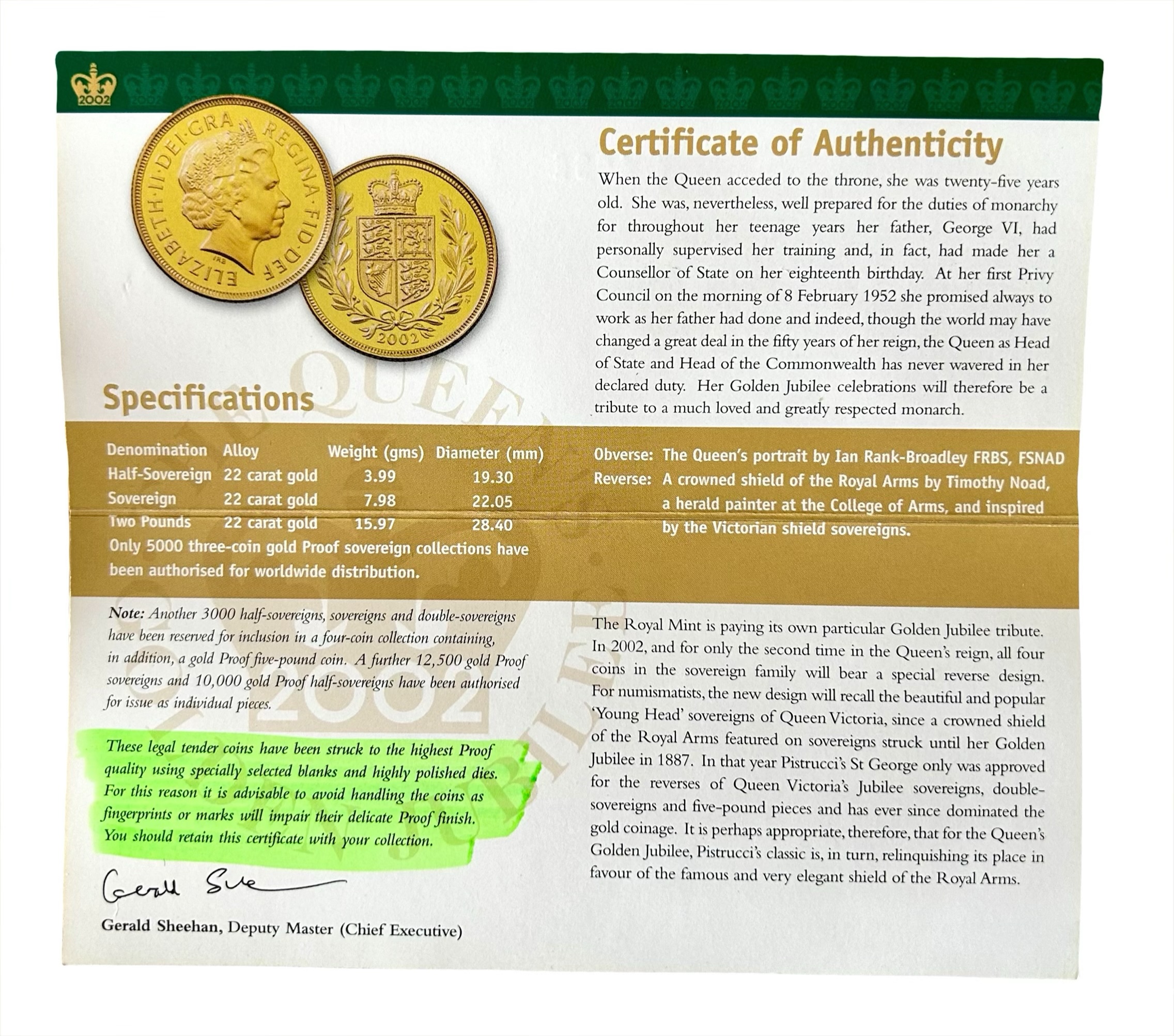 2002 Gold Proof Sovereign Three Coin Set, Queen Elizabeth II Golden Jubilee. - Image 5