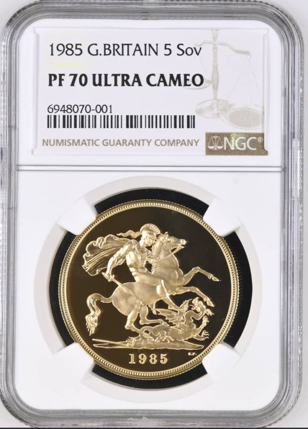 1985 Gold Proof Five Pounds Sovereign, NGC Graded PF70 Ultra Cameo