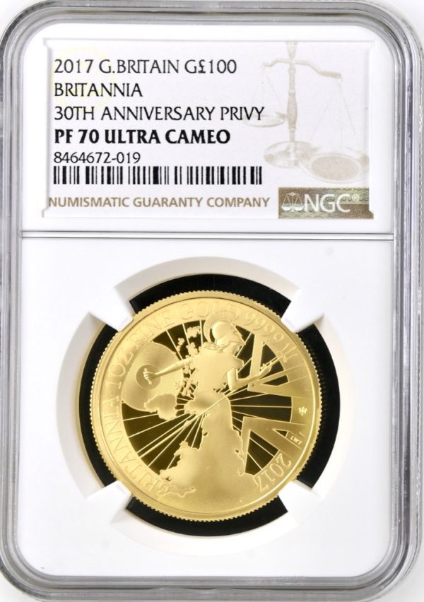 2017 Gold Proof Britannia £100, NGC Graded PF70 Ultra Cameo. One Ounce Coin.