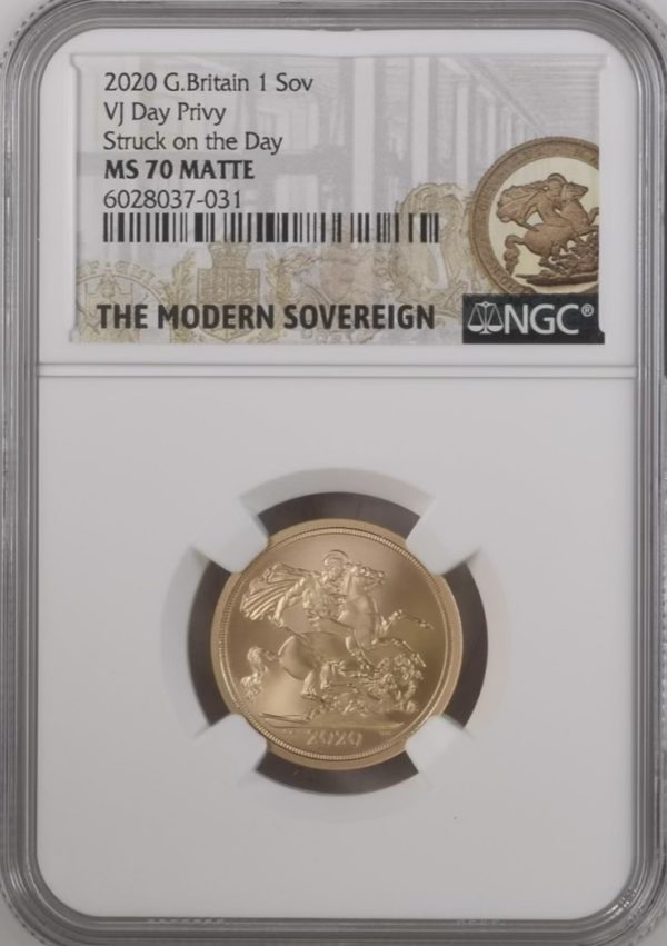 2020 Gold Sovereign, VJ Day Privy, Struck on the Day. NGC Graded MS70 Matte