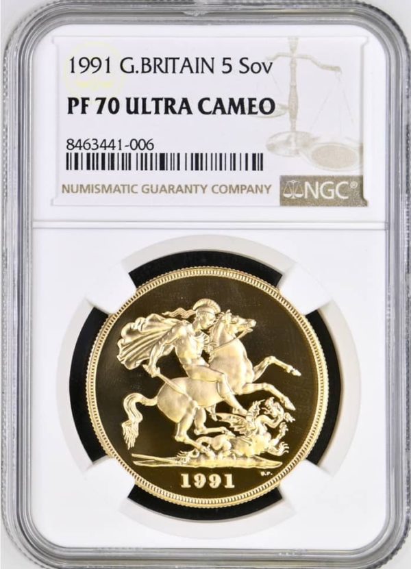 1991 Gold Proof Five Sovereign (£5 / 5Sov) George and Dragon. NGC Graded PF70 Ultra Cameo