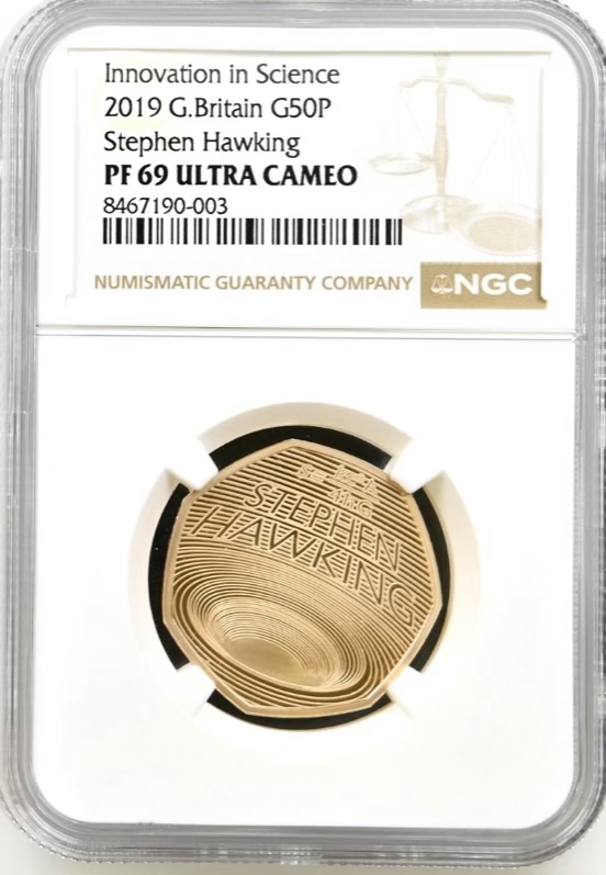 2019 Gold Proof 50p - Stephen Hawking, NGC Graded PF70 Ultra Cameo