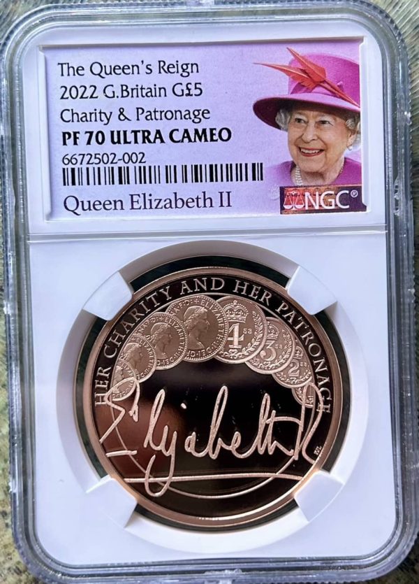 2022 Charity And Patronage, The Queen’s Reign, Gold Proof Five Pounds Crown (£5), NGC Graded PF70 Ultra Cameo