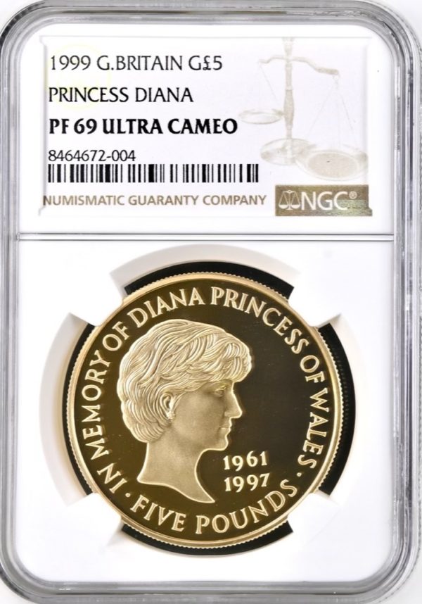 1999 Gold Proof Five Pound Crown (£5) Princess Diana, NGC Graded PF69 Ultra Cameo