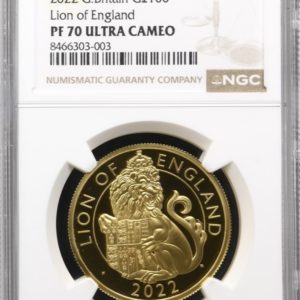 Lion of England Gold Proof £100, Tudor Beasts, One Ounce Coin. NGC Graded PF70 Ultra Cameo