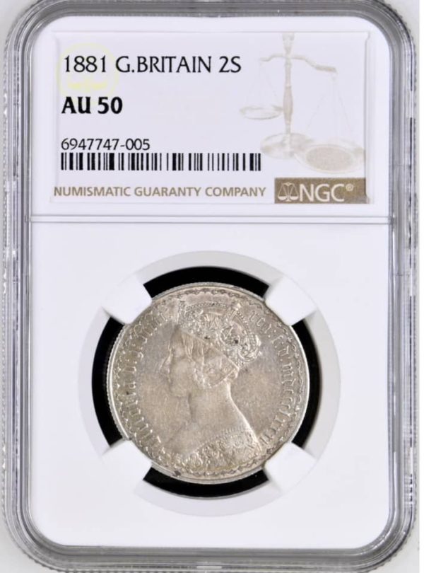 1881 Gothic Florin, Undecimo Edge, NGC Graded AU50.