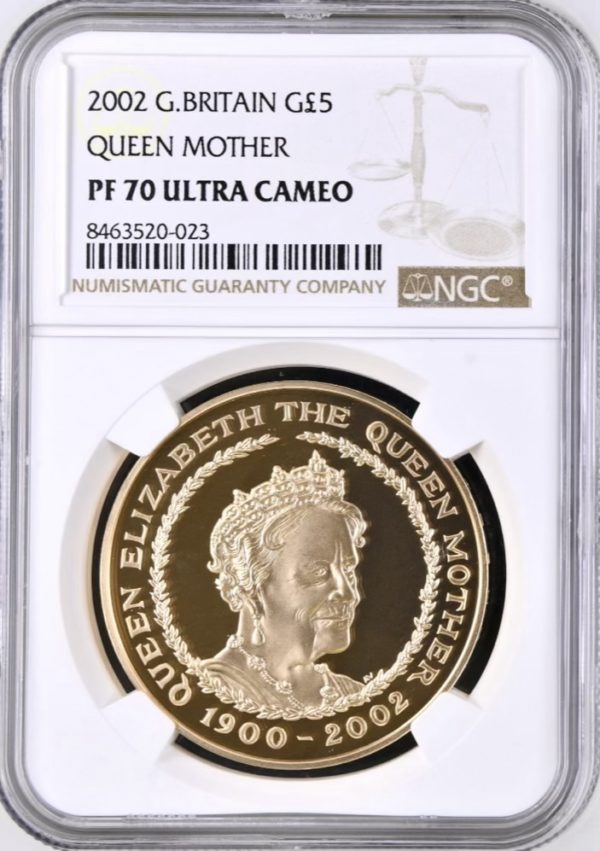 2002 Queen Mother Gold Proof Five Pounds Crown (£5) NGC Graded PF70 Ultra Cameo.