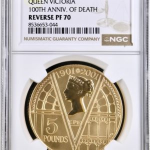 2001 Gold Proof Five Pounds (£5) Queen Victoria 100th Anniversary Of Death. Reverse PF70