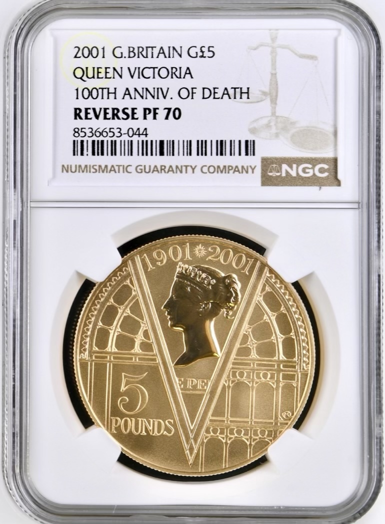 2001 Gold Proof Five Pounds (£5) Queen Victoria 100th Anniversary Of Death. Reverse PF70
