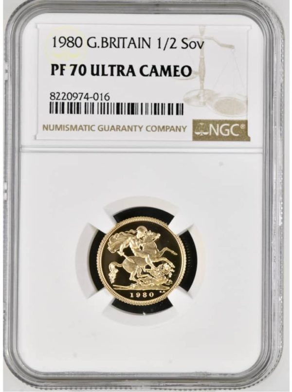 1980 Half Sovereign, Gold Proof (1/2) Queen Elizabeth II, NGC Graded PF70 Ultra Cameo