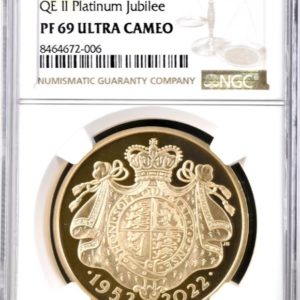 Queen Elizabeth II Platinum Jubilee, 2022 Gold Proof Five Pounds (£5), NGC Graded PF69 Ultra Cameo
