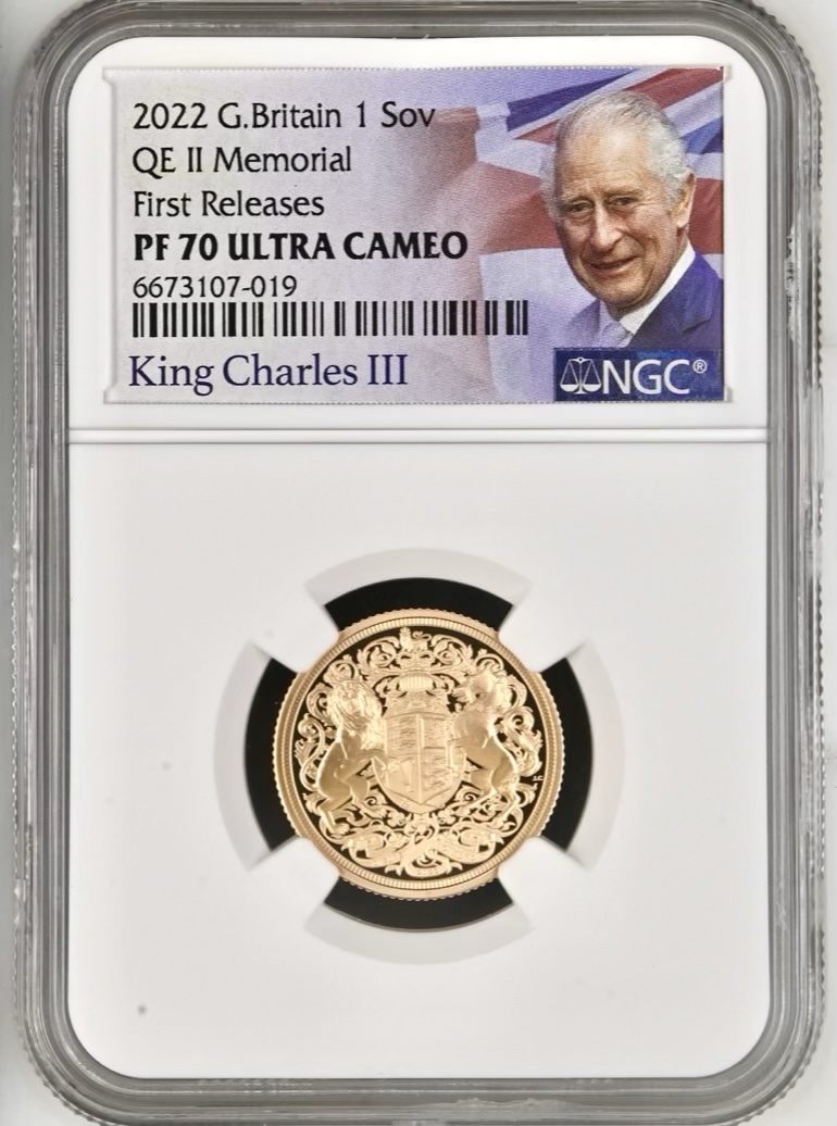 2022 Gold Proof Sovereign, Queen Elizabeth II Memorial, King Charles III Portrait, NGC Graded PF70 First Releases