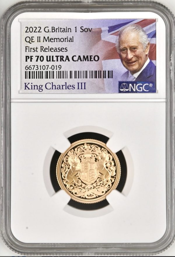 2022 Gold Proof Sovereign, Queen Elizabeth II Memorial, King Charles III Portrait, NGC Graded PF70 First Releases