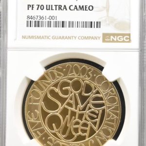 2003 Gold Proof Five Pounds (£5) - Queen Elizabeth II Coronation Jubilee. NGC Graded PF70 UCAM
