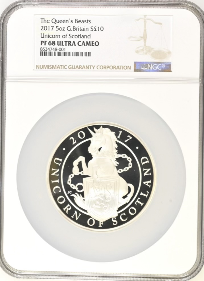 Unicorn of Scotland - Queens Beasts Five Ounce Coin - 2017 Silver Proof 10 pounds (£10), NGC Graded PF68 Ultra Cameo