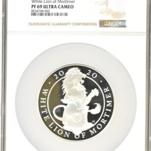 White Lion Of Mortimer - Queens Beasts Five Ounce Coin - 2020 Silver Proof 10 pounds (£10), NGC Graded PF69 Ultra Cameo