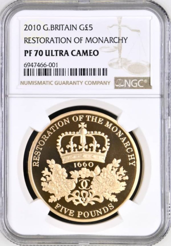 2010 Restoration of Monarchy, Gold Proof Five Pounds Crown, £5, NGC Graded PF70 Ultra Cameo