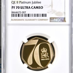 2022 Gold Proof Fifty Pence (50p), Platinum Jubilee, Rare Queen Elizabeth II Obverse. NGC Graded PF70 Ultra Cameo