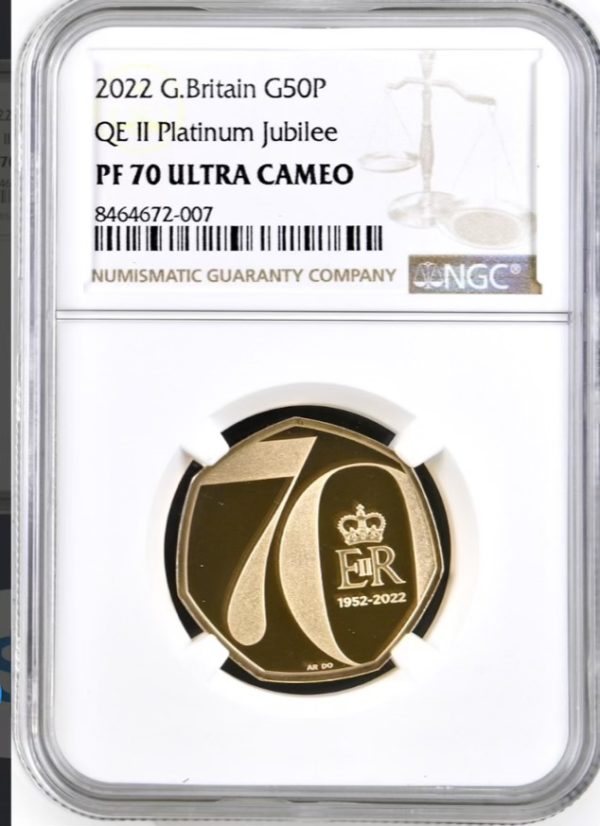 2022 Gold Proof Fifty Pence (50p), Platinum Jubilee, Rare Queen Elizabeth II Obverse. NGC Graded PF70 Ultra Cameo