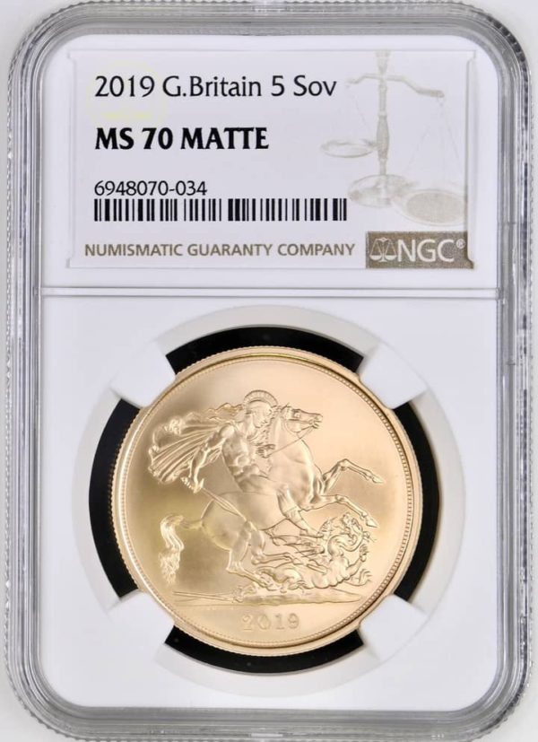 2019 Gold Five Sovereign Piece (£5) Brilliant Uncirculated, NGC Graded MS70 Matte