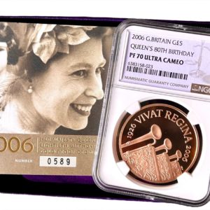 2006 Gold Proof Five Pound Crown, (£5) Queen Elizabeth II 80TH Birthday NGC Graded PF70 Ultra Cameo