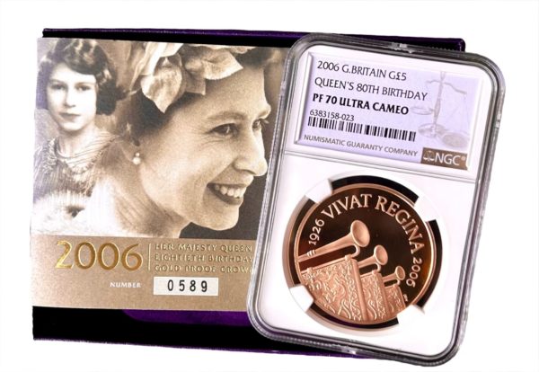 2006 Gold Proof Five Pound Crown, (£5) Queen Elizabeth II 80TH Birthday NGC Graded PF70 Ultra Cameo