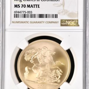 2023 Gold Five Sovereign Piece (£5) Brilliant Uncirculated, NGC Graded MS70 Matte, The Coronation of King Charles III