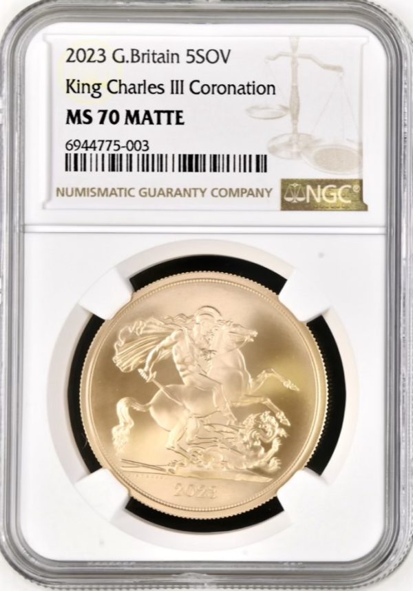 2023 Gold Five Sovereign Piece (£5) Brilliant Uncirculated, NGC Graded MS70 Matte, The Coronation of King Charles III