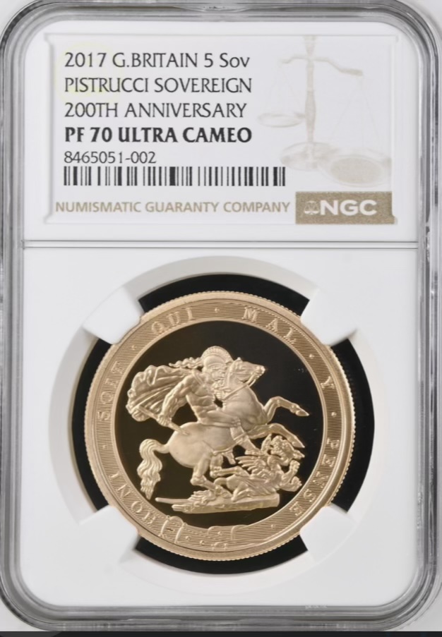 2017 Gold Proof Five Pounds Sovereign, (£5 / 5Sov) Pistrucci 200th Anniversary, NGC PF70 Ultra Cameo.