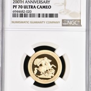 2017 Gold Proof Piedfort Sovereign, Pistrucci 200th Anniversary design. NGC Graded PF70 Ultra Cameo.