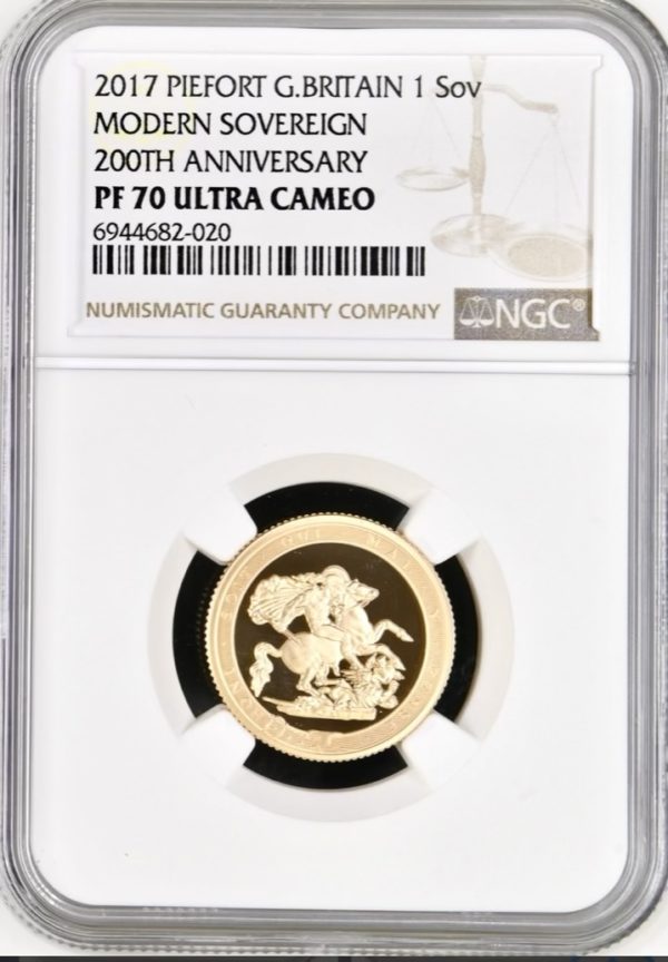 2017 Gold Proof Piedfort Sovereign, Pistrucci 200th Anniversary design. NGC Graded PF70 Ultra Cameo.